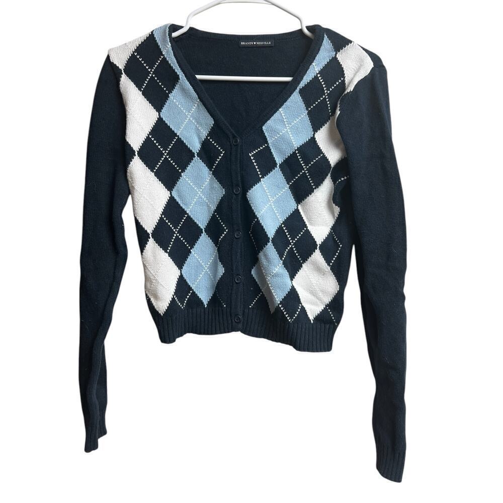 Brandy Melville Argyle Button Front V Neck Sweater Cardigan Blue White Small